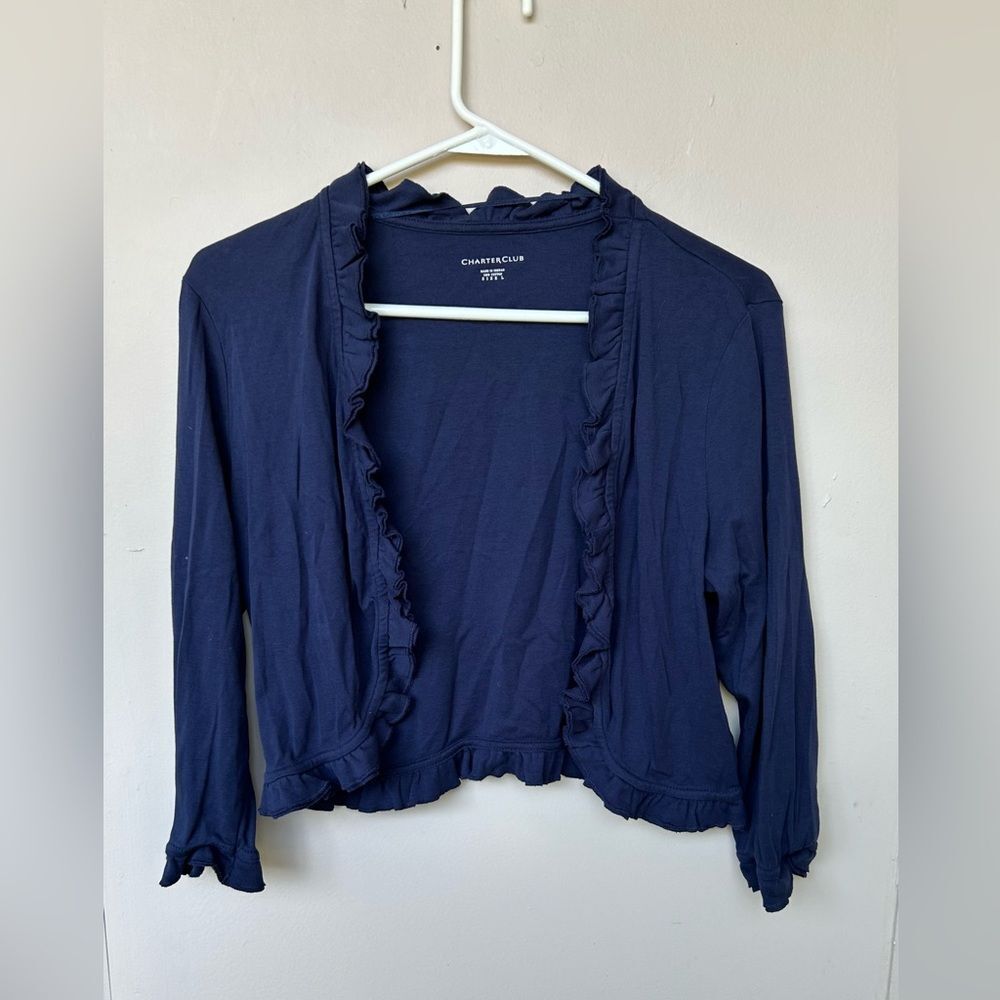 EUC Charter Club Navy Blue Ruffled Cropped Bolero Shrug - Large